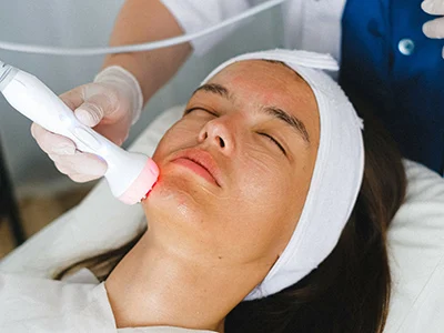 A person is lying down with their eyes closed, receiving a facial treatment involving a handheld device emitting red light. They are wearing a white headband, and a professional wearing gloves is administering the treatment.