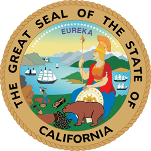 The Great Seal of the State of California features Minerva with a spear and shield, a grizzly bear, a gold miner, ships, and mountains. The motto "Eureka" appears above Minerva, and the outer ring reads "The Great Seal of the State of California.