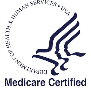 Logo of the U.S. Department of Health & Human Services, featuring a stylized profile of a human and eagle in blue. Encircling text reads "DEPARTMENT OF HEALTH & HUMAN SERVICES • USA". Below, "Medicare Certified" is written in bold blue letters.