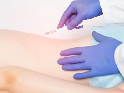 A medical professional wearing blue gloves is holding a scalpel and making an incision on a person's lower back, while pain management procedures are in place. The person's body is partly covered with a blue drape, and the surrounding area is illuminated.