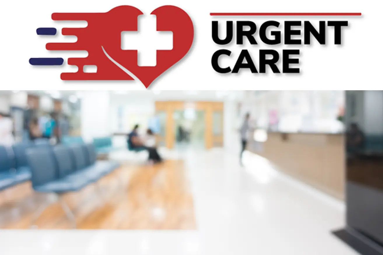Image of a blurred medical waiting room with chairs and a reception desk. At the top, there's a logo featuring a heart with a medical cross inside, accompanied by the text "URGENT CARE." The heart has motion lines indicating speed or immediacy, emphasizing the urgent care nature of the facility.