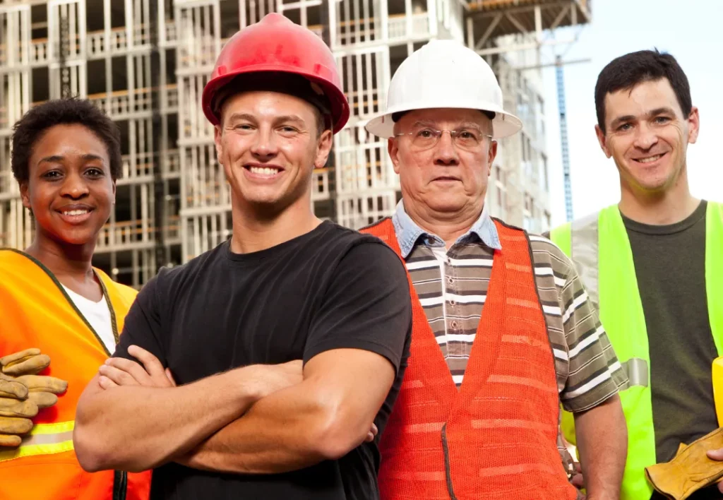 A diverse group of four construction workers stands together at a construction site, wearing safety gear including helmets and high-visibility vests. The backdrop reveals a building under construction. All are smiling or looking content, knowing they have the security of Workers' Compensation Insurance.