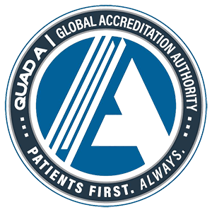 The logo features a circular blue emblem with a gray border. Inside the circle, there's a stylized letter "A". The border contains the text "GUADA | GLOBAL ACCREDITATION AUTHORITY" at the top and "PATIENTS FIRST. ALWAYS." at the bottom.