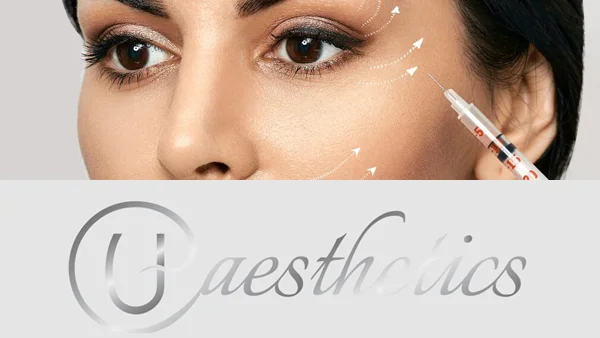 u-Aesthetics logo and A close-up of a person's face receiving a cosmetic dermatology injection near the eye. The person is lying down with blue-gloved hands holding a syringe close to the skin. The focus is on the eye and the injection process.